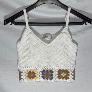 Hollister Boho White Crochet Crop Cami Top XS Granny Square Festival‎ Knit
